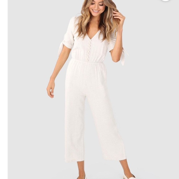 LOST IN LUNAR Linen-blend Beachy Boho Canvas-style trendy beige jumpsuit. - Picture 1 of 16